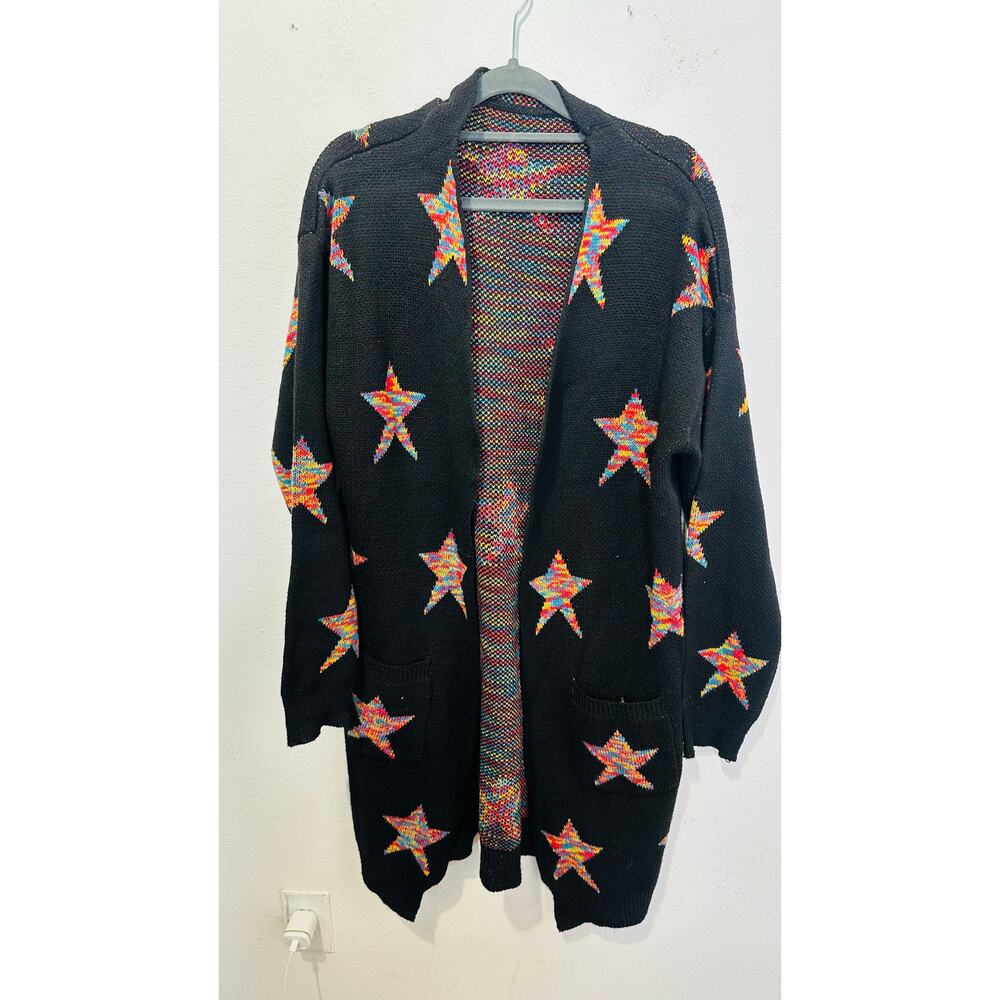 Unbranded Black Multicolor Five Point Star Oversized Sweater Cardigan sz XL - Picture 7 of 10